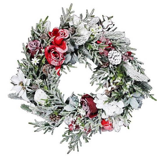 Snowy Fir Wreath with Red and White Flowers 45cm